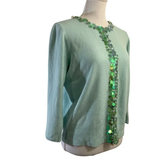 Y2K Blue Cardigan Sweater with Large Sequin Trim in Green Long Sleeve Size Small - Picture 3 of 10